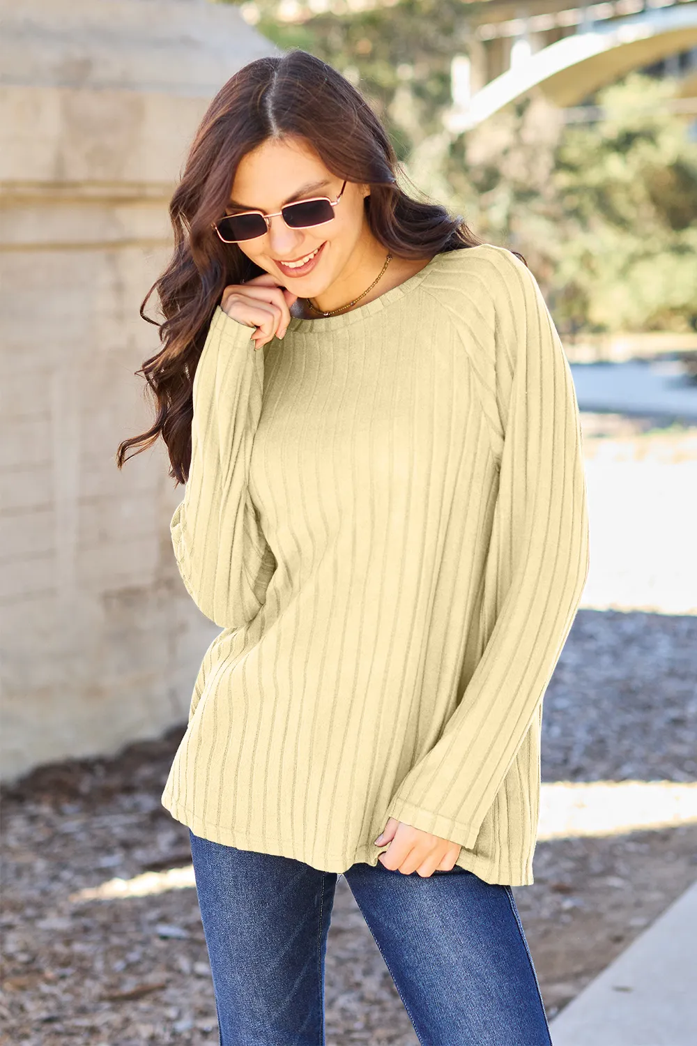 Full Size Ribbed Round Neck Long Sleeve Knit Top, image 4