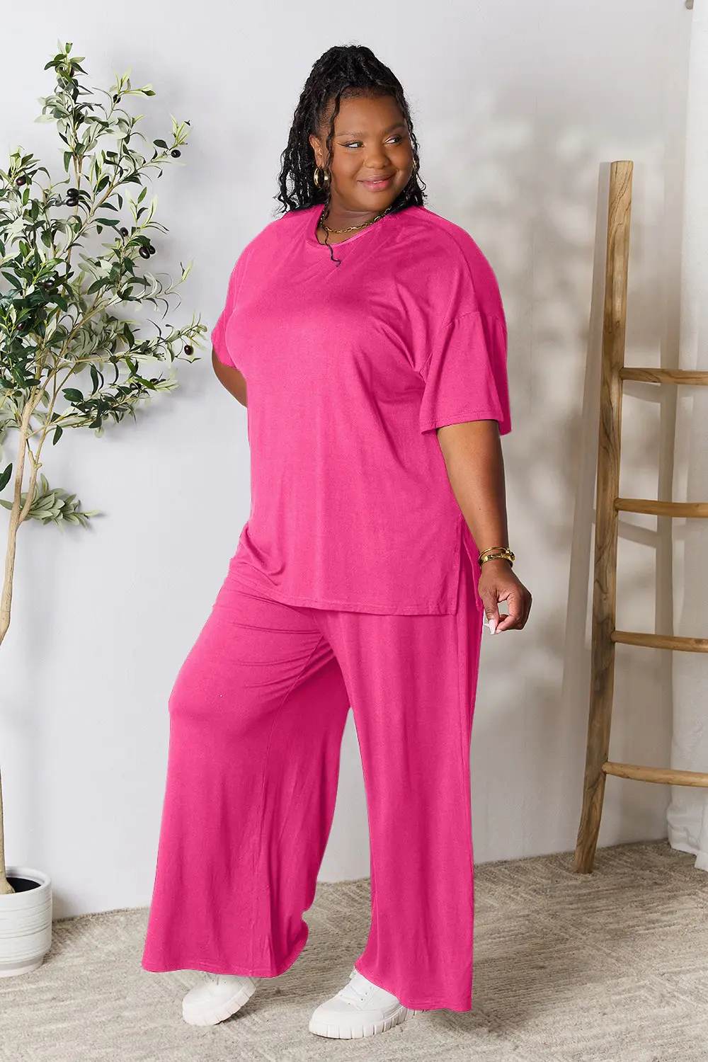 Full Size Round Neck Slit Top and Pants Set, image 4