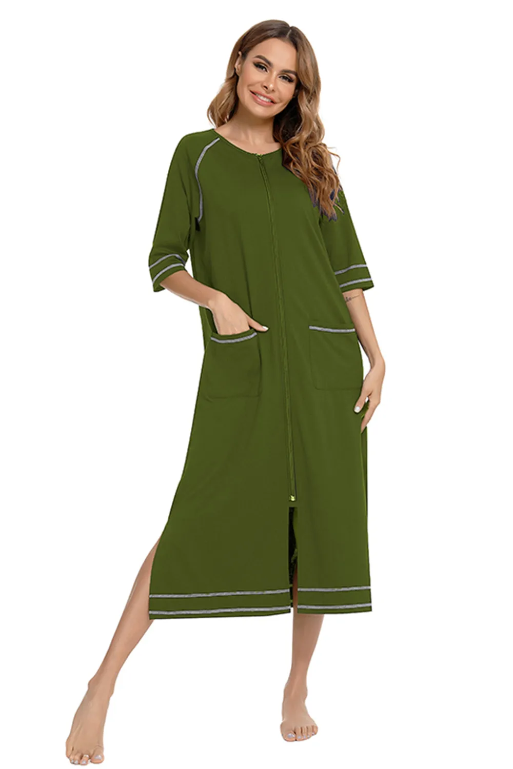 Zip Up Slit Round Neck Night Dress with Pockets, image 23