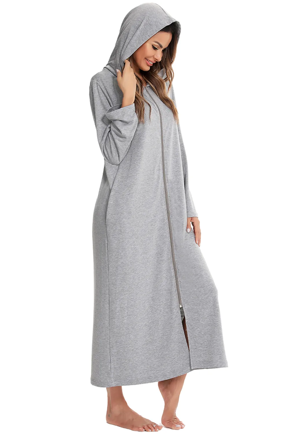 Zip Front Hooded Night Dress with Pockets, image 4