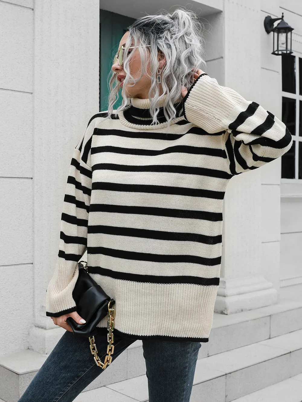 Striped Slit Turtleneck Drop Shoulder Sweater, image 5