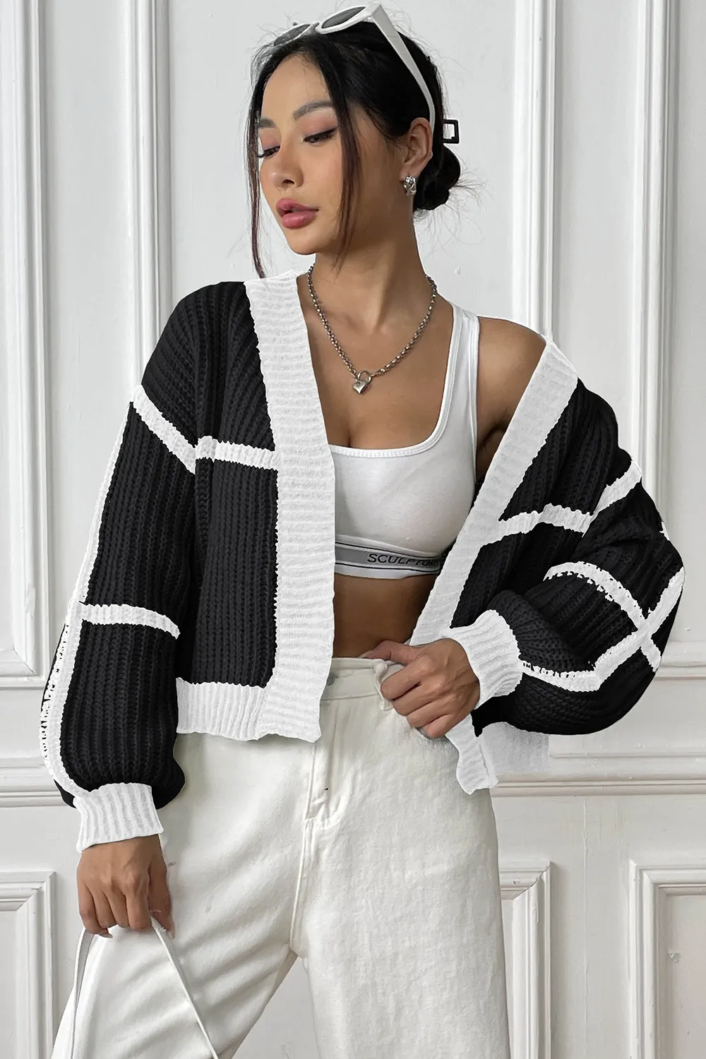 Contrast Open Front Long Sleeve Cardigan, image 6