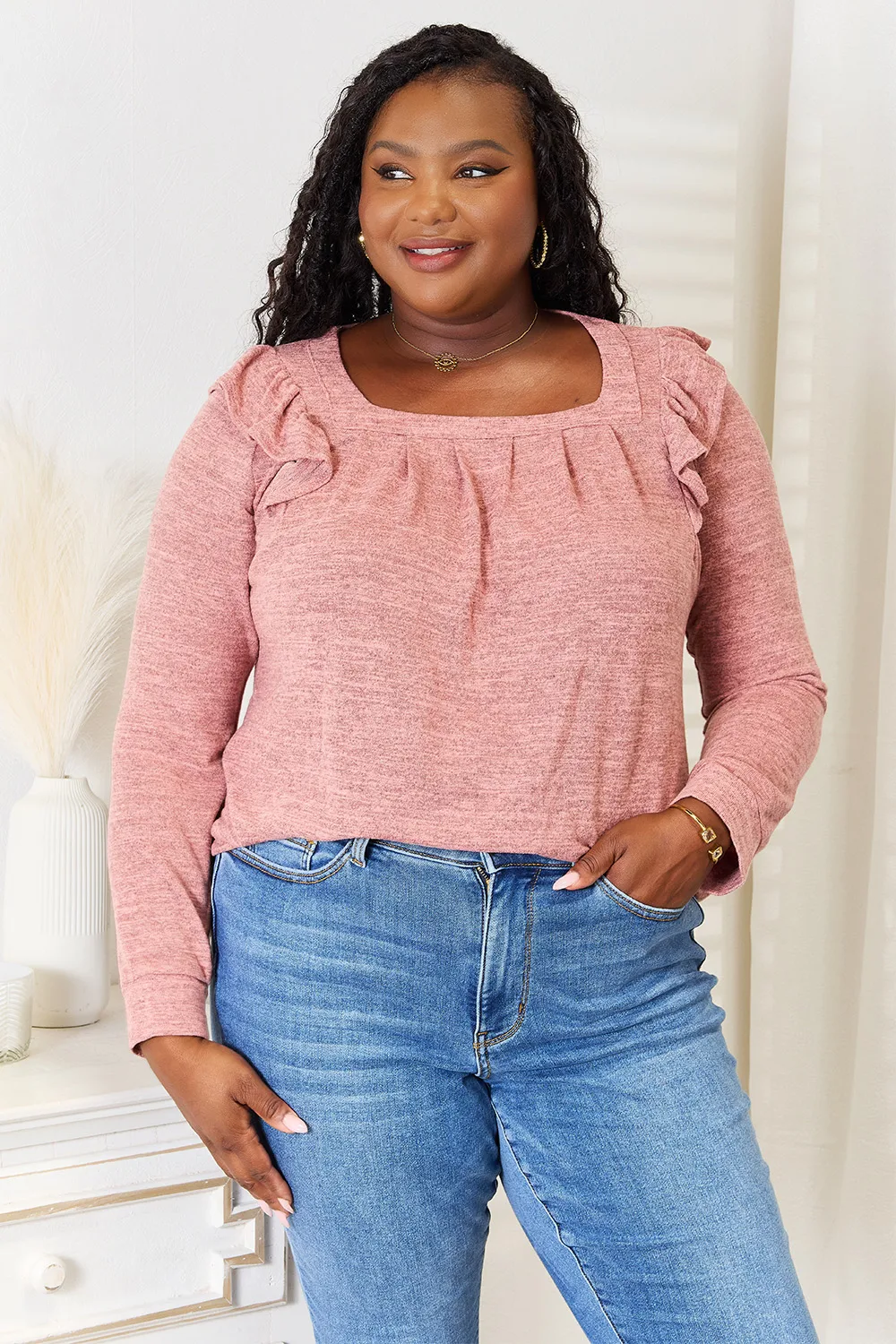 Square Neck Ruffle Shoulder Long Sleeve T-Shirt, image 2