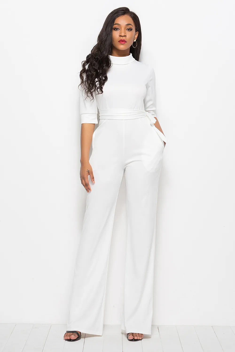 Mock Neck Tie-Waist Half Sleeve Jumpsuit, image 7