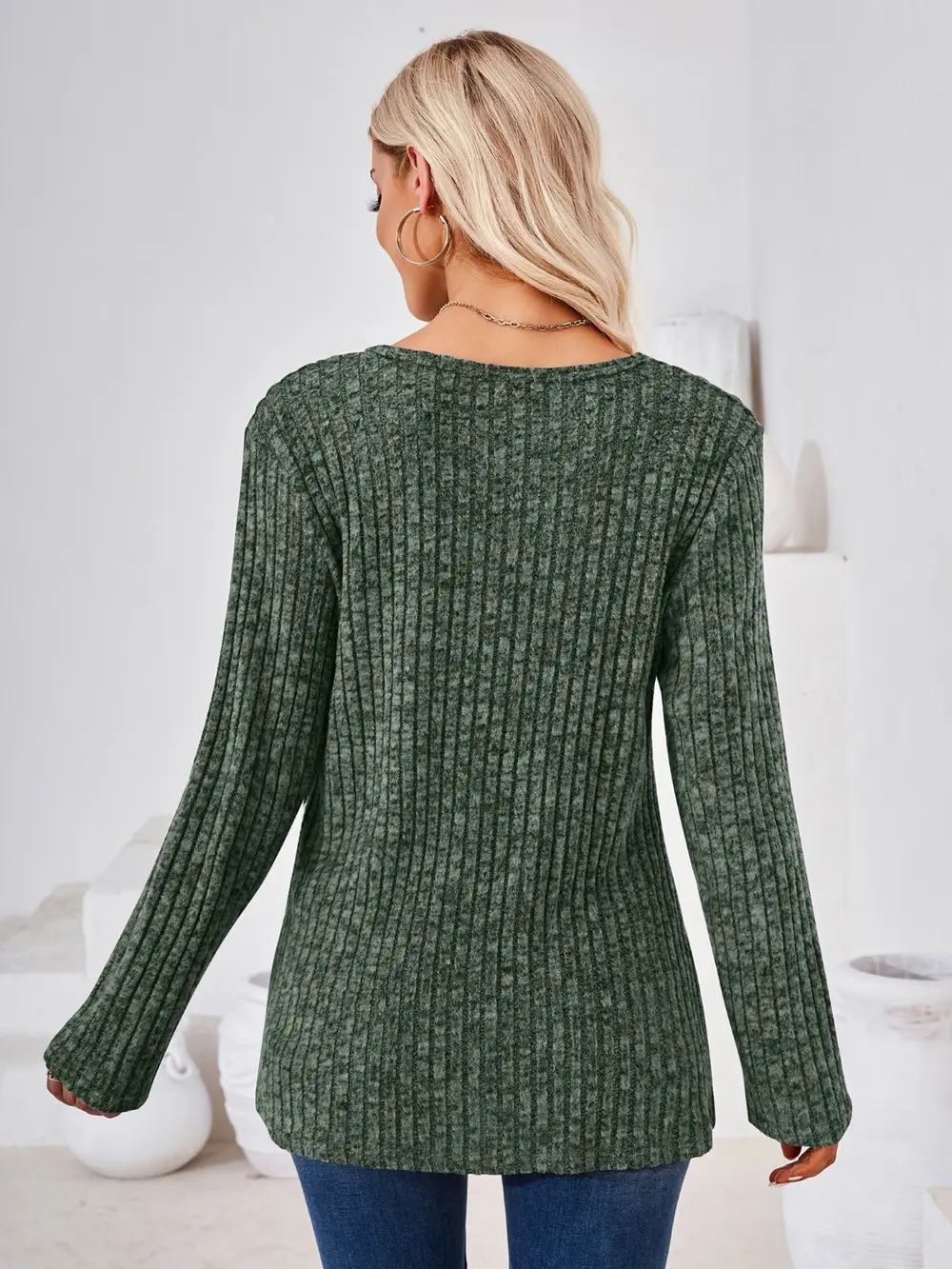 Ribbed Buttoned Round Neck Slit T-Shirt, image 14