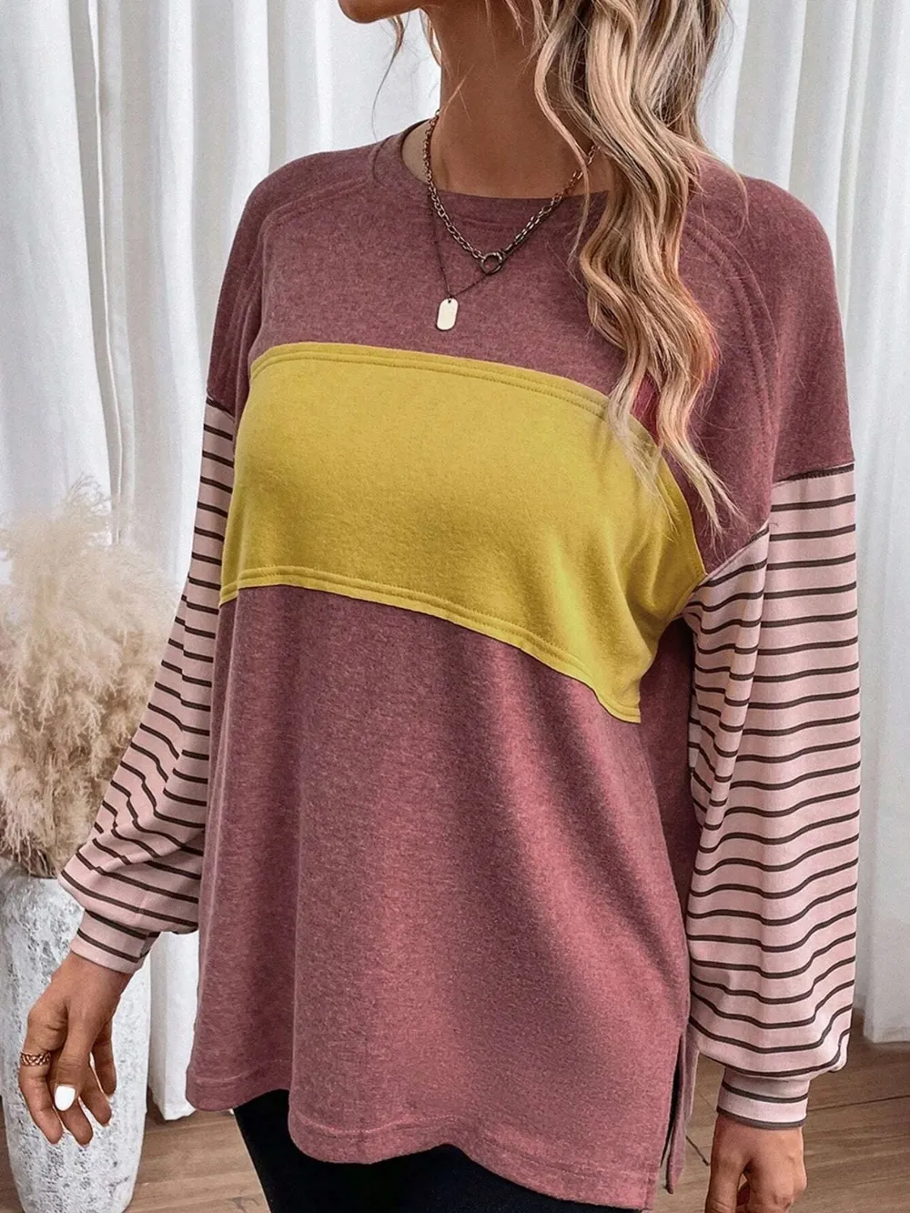 Round Neck Striped Long Sleeve Slit T-Shirt, image 3