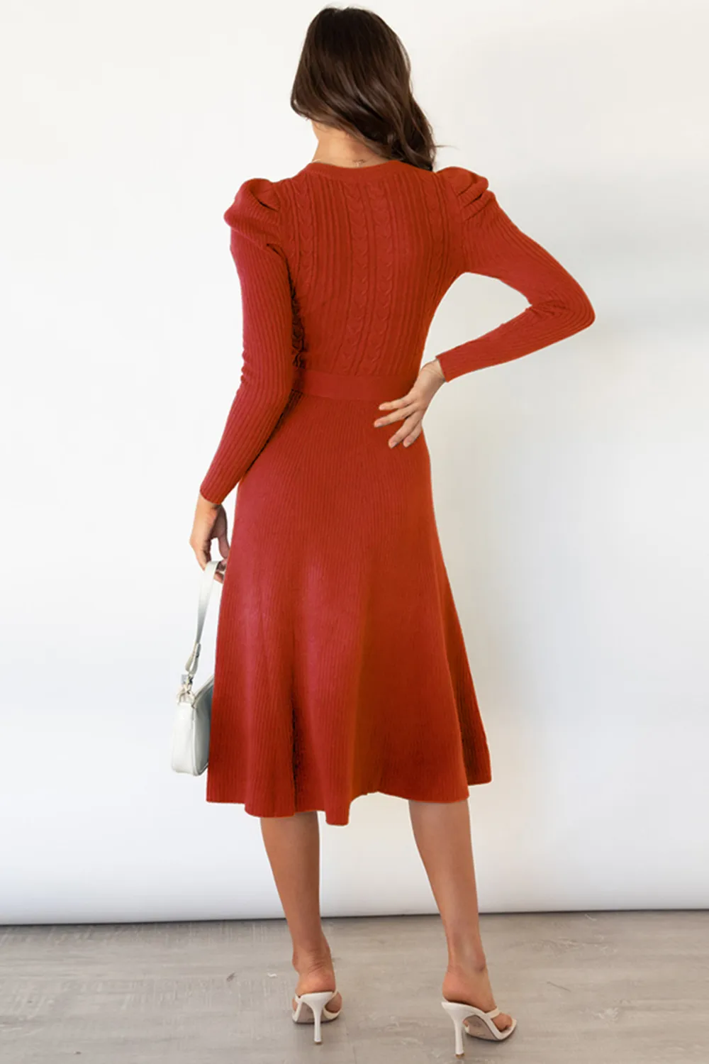 Round Neck Long Sleeve Tie Waist Sweater Dress, image 4