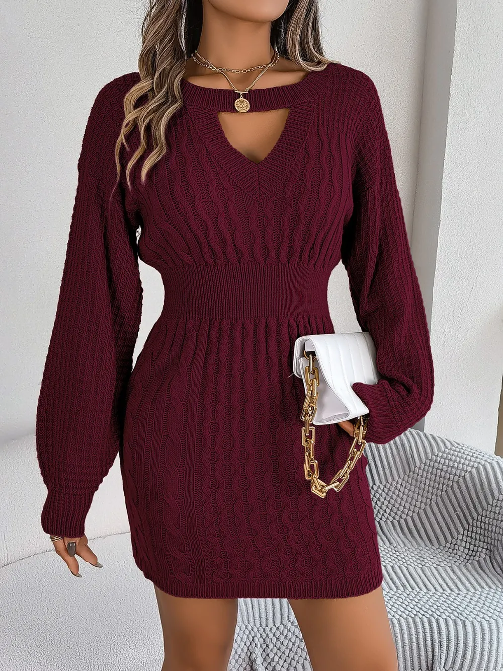 Cable-Knit Cutout Round Neck Slit Sweater Dress, image 5