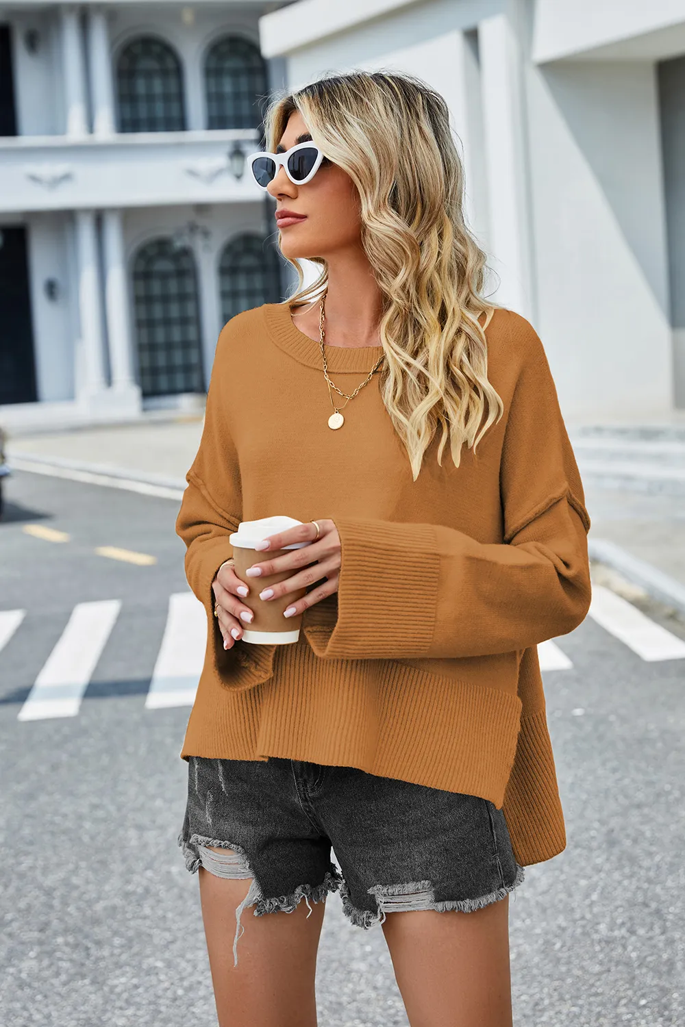 High-Low Slit Round Neck Long Sleeve Sweater, image 21