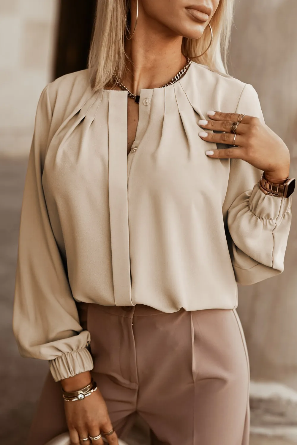 Button Up Round Neck Long Sleeve Shirt, image 7