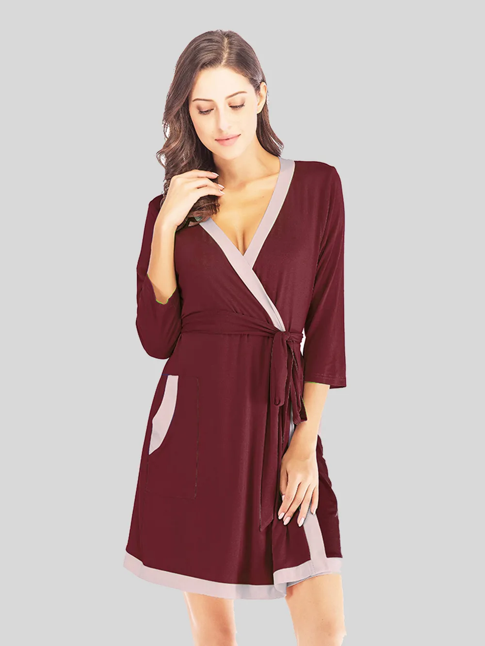 Tie Waist Surplice Neck Robe with Pockets, image 4