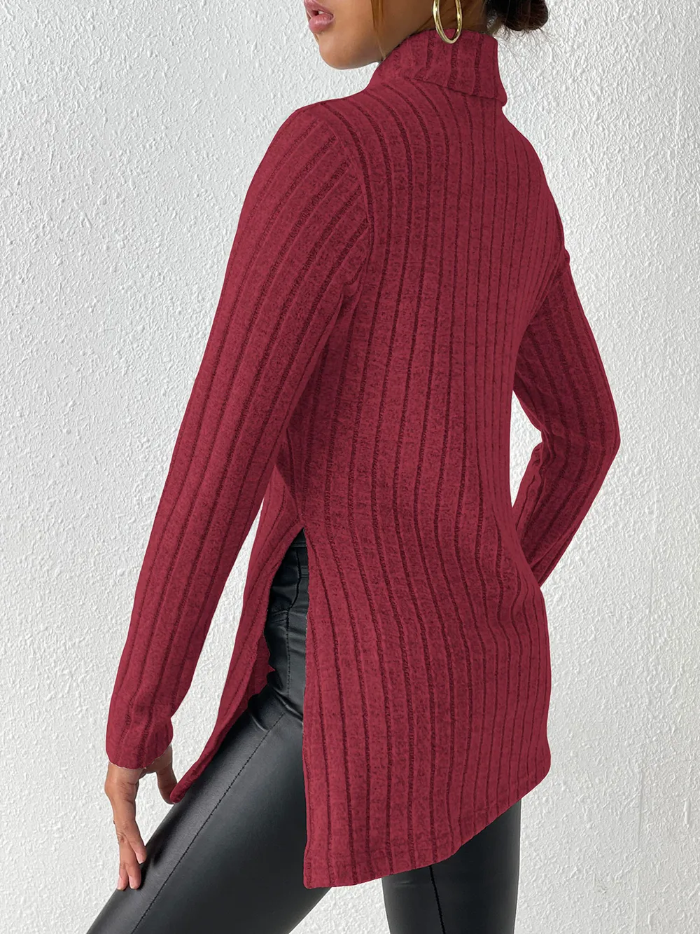 Ribbed Turtleneck Long Sleeve Slit T-Shirt, image 19