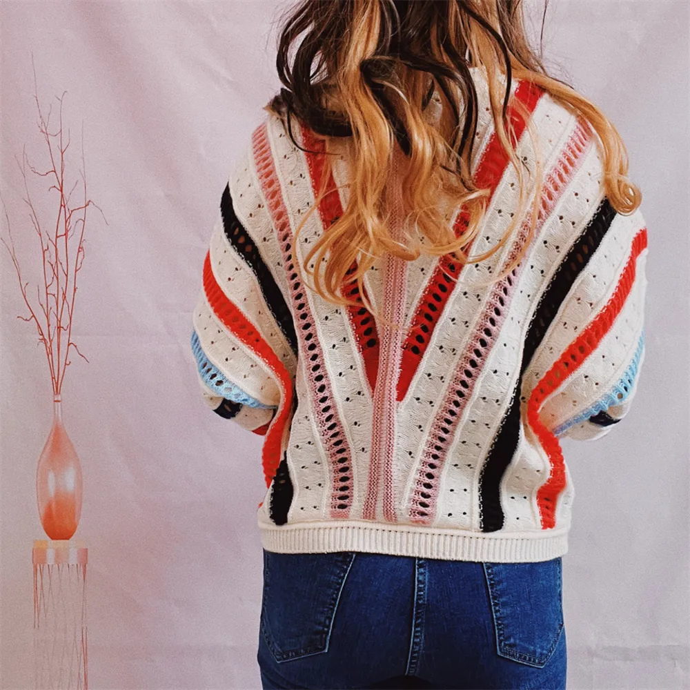 Striped Openwork Round Neck Sweater, image 2