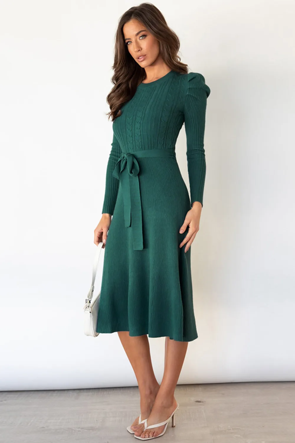 Round Neck Long Sleeve Tie Waist Sweater Dress, image 14