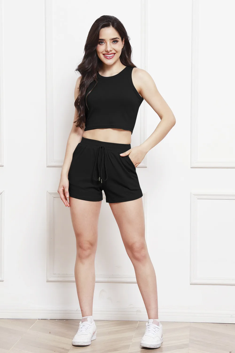 Round Neck Tank and Drawstring Shorts Set