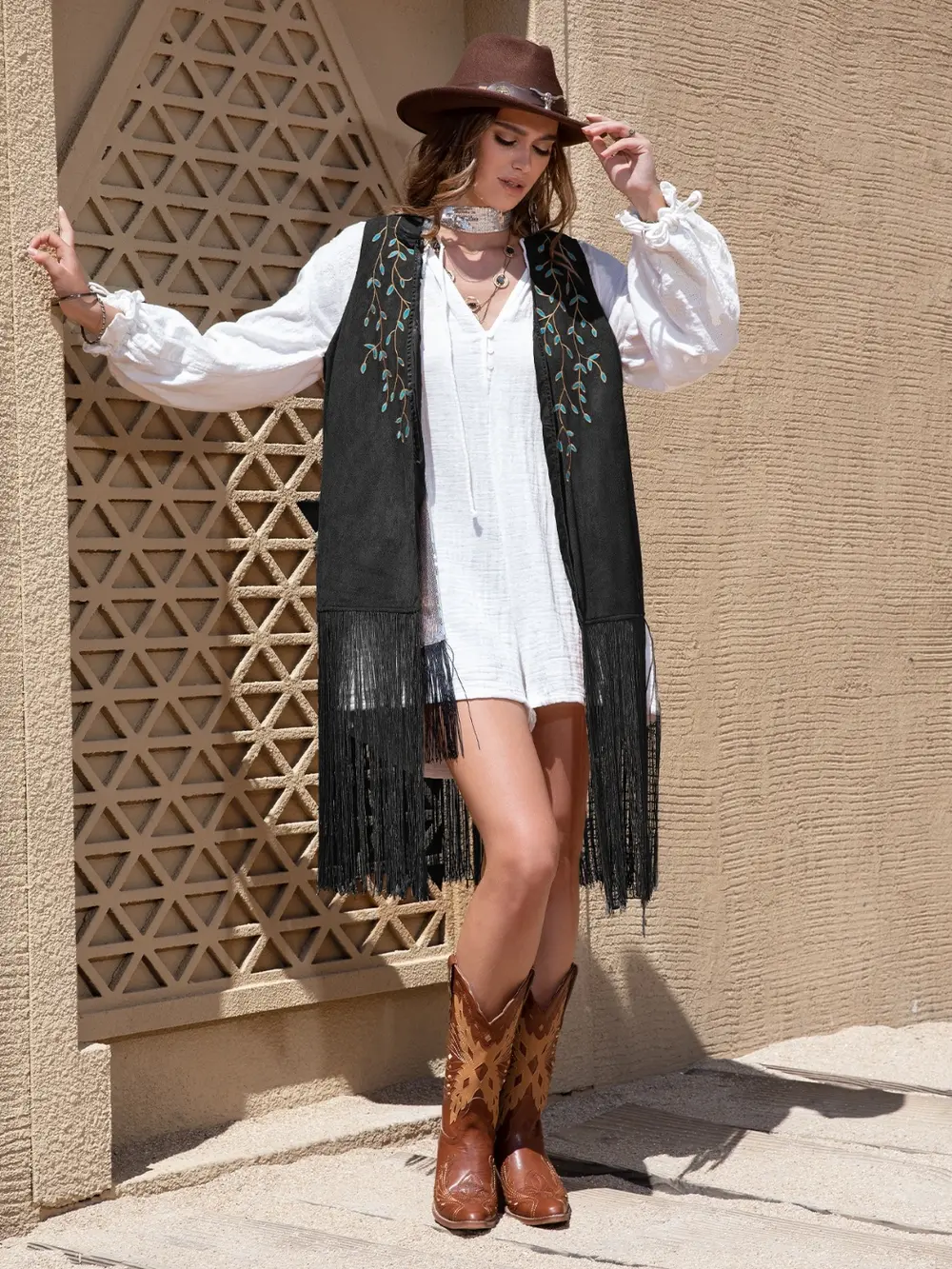 Faux Suede Fringe Hem Open Front Vest, image 6