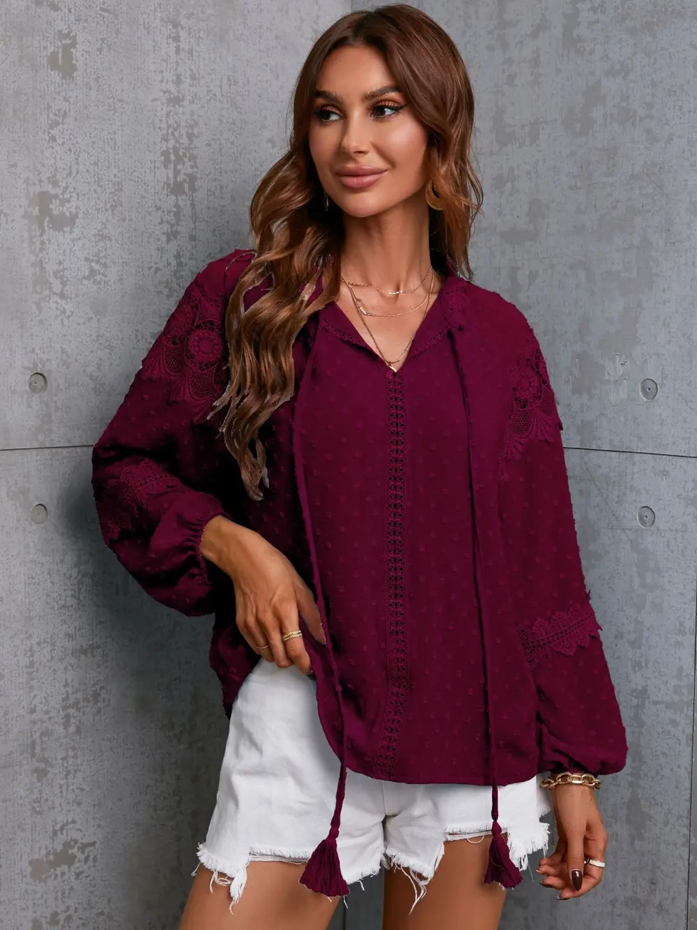 Crochet Tassel Tie Neck Long Sleeve Blouse, image 3