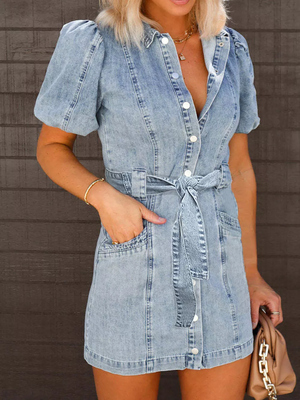 Puff Sleeve Button Up Mini Denim Dress, image 2