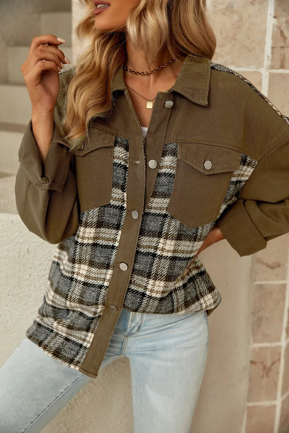 Plaid Collared Denim Jacket, image 4