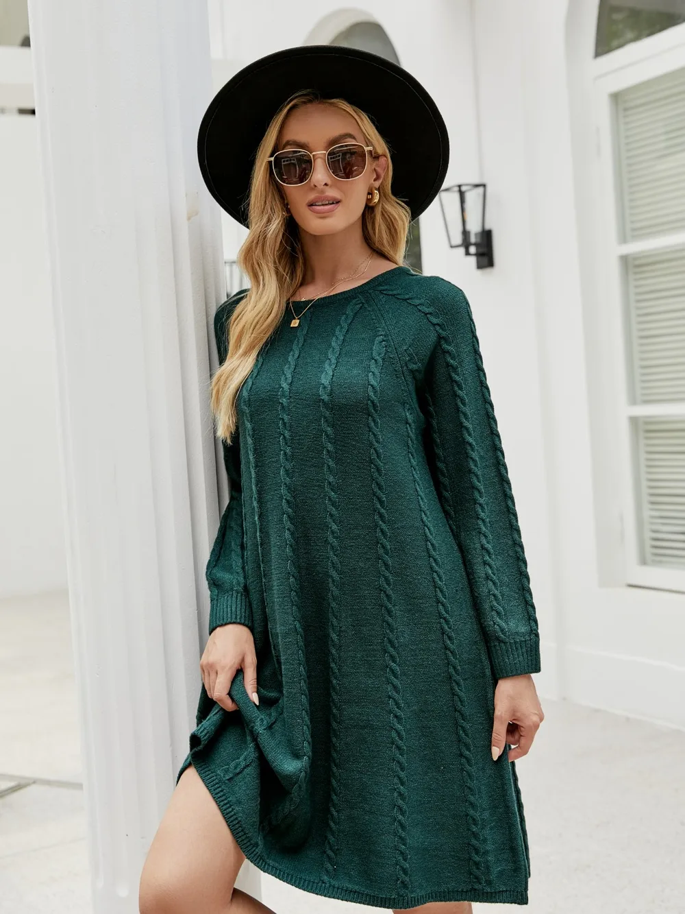 Cable-Knit Long Sleeve Sweater Dress, image 3