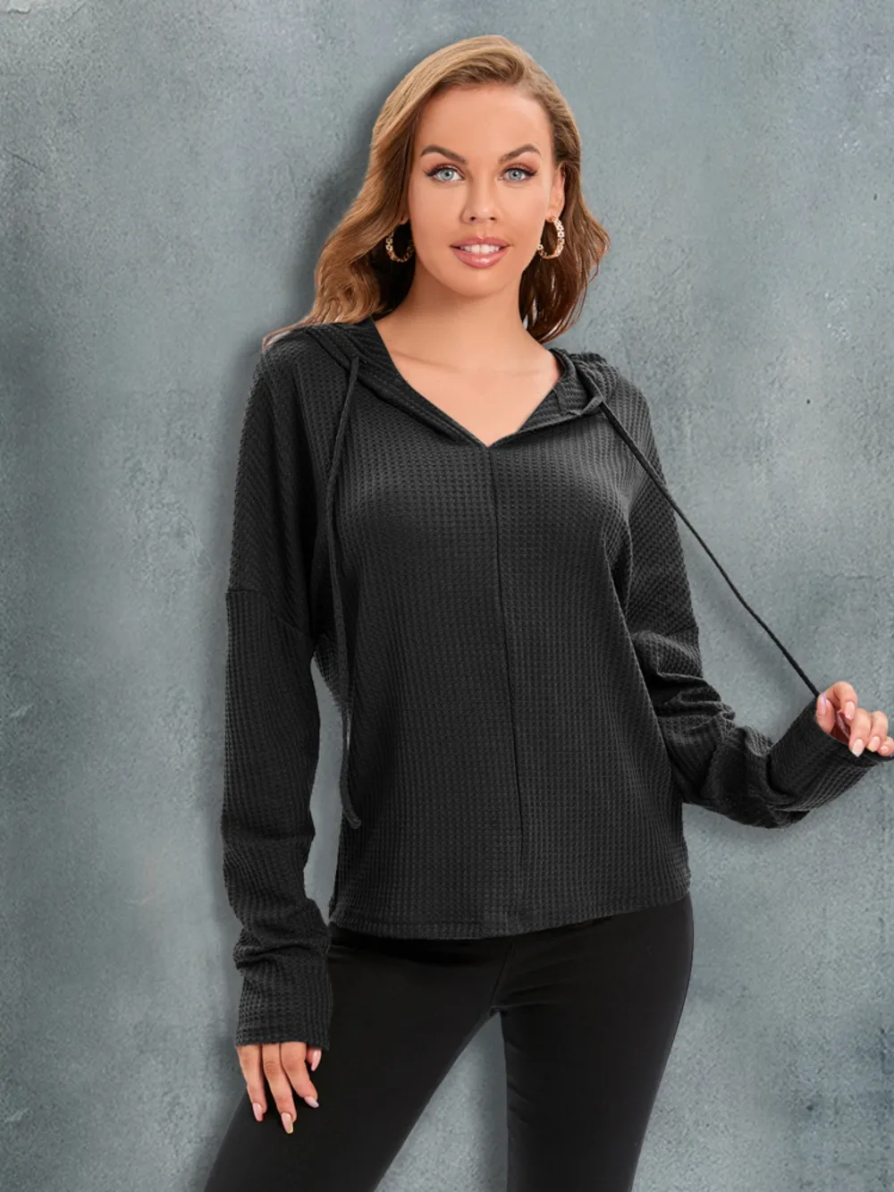 Waffle-Knit Drawstring Drop Shoulder Hoodie, image 6