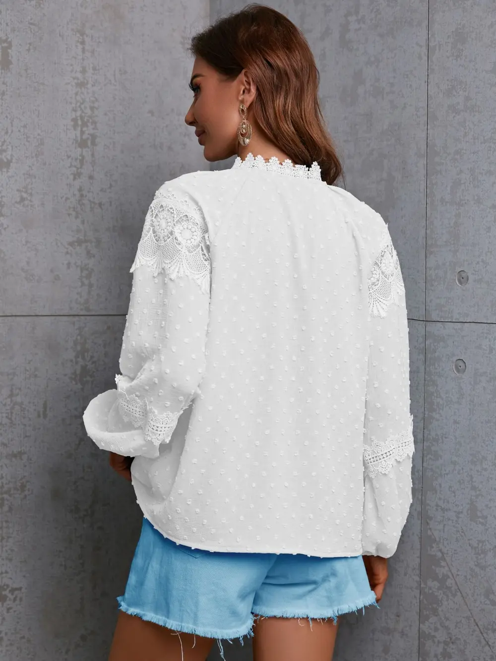 Crochet Tassel Tie Neck Long Sleeve Blouse, image 6