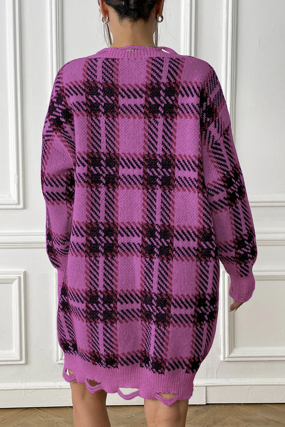 Plaid V-Neck Long Sleeve Sweater Dress, image 12