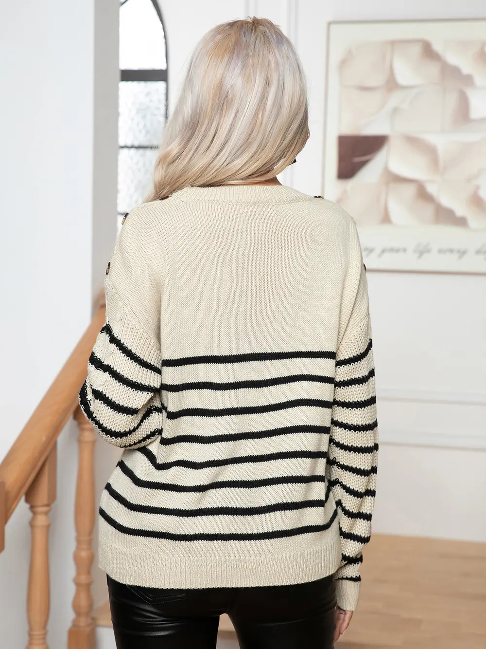 Striped Round Neck Cable-Knit Sweater, image 2