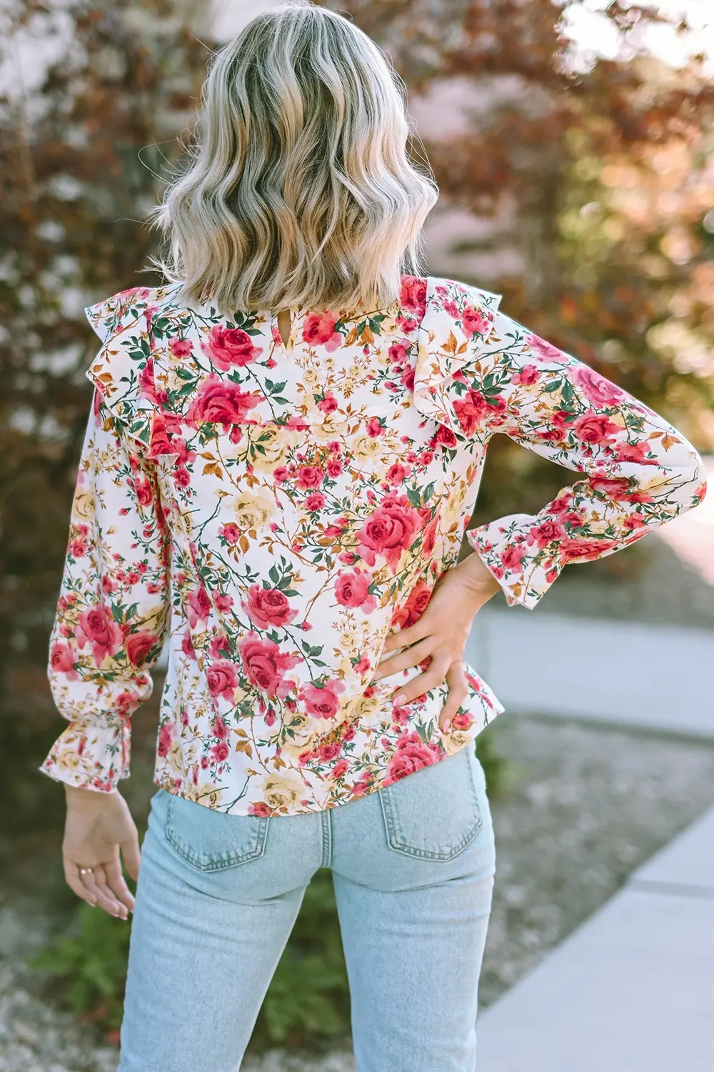 Floral Round Neck Smocked Blouse, image 2