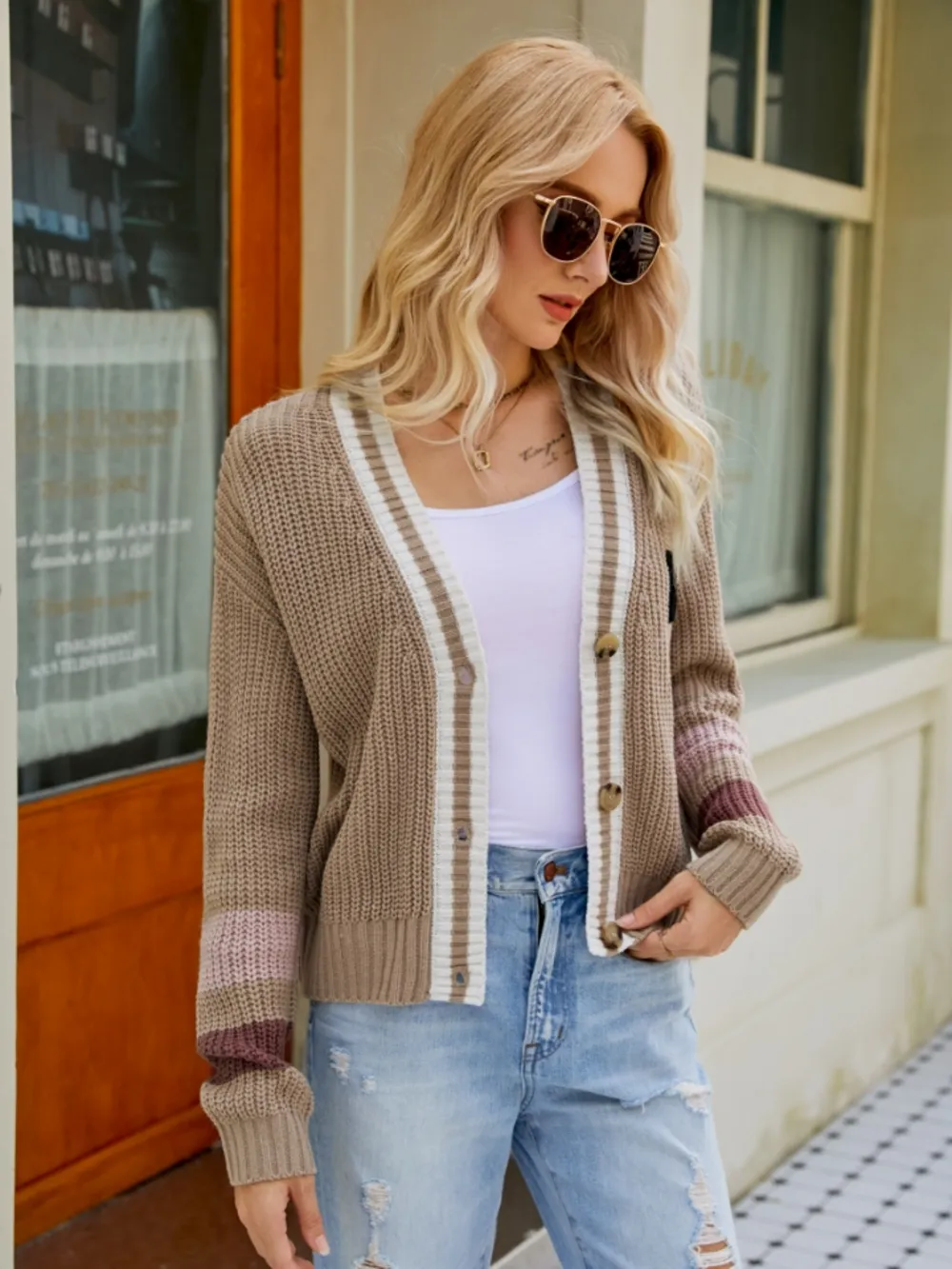 Contrast Button Up Dropped Shoulder Cardigan, image 4