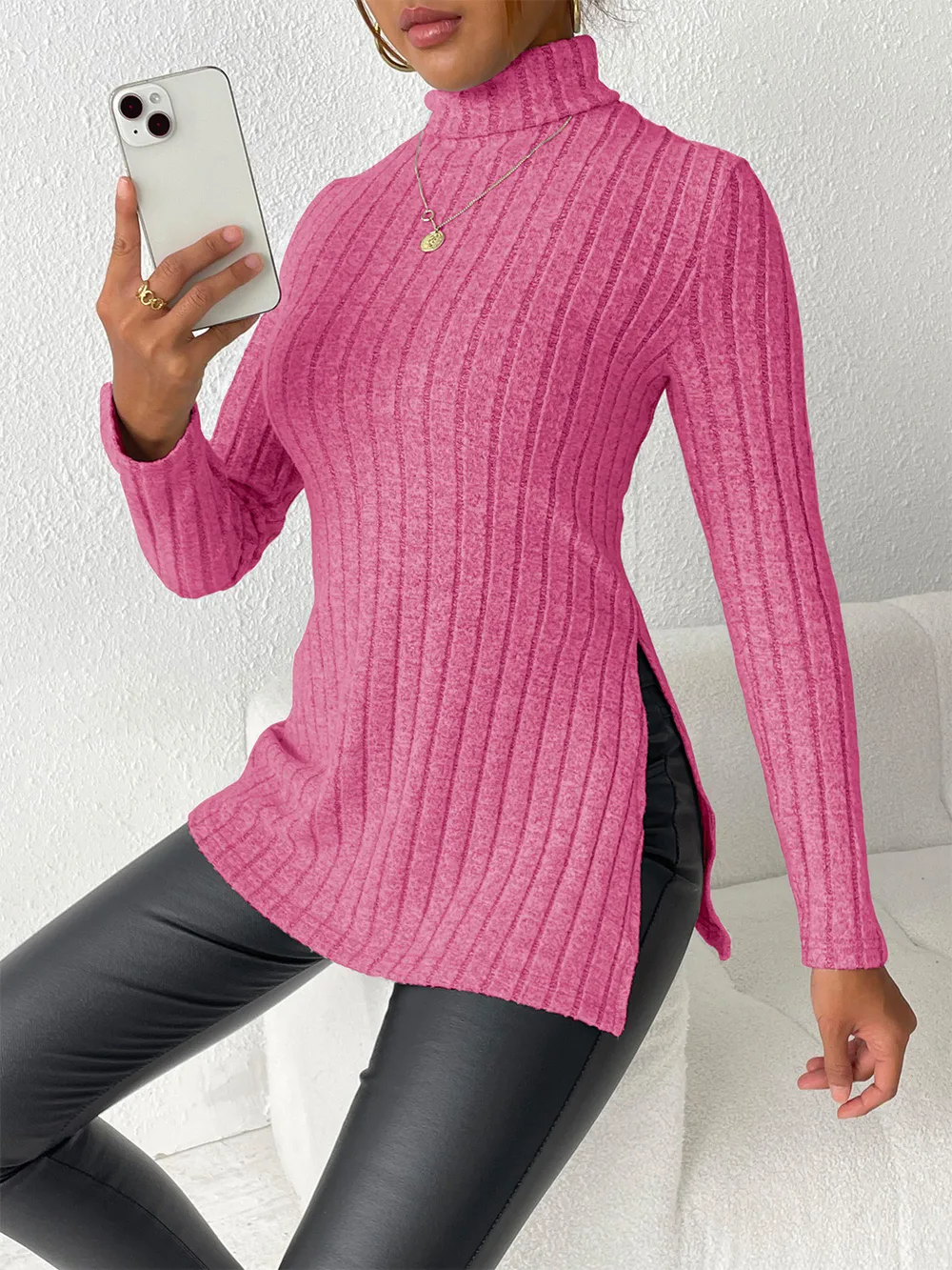 Ribbed Turtleneck Long Sleeve Slit T-Shirt, image 8