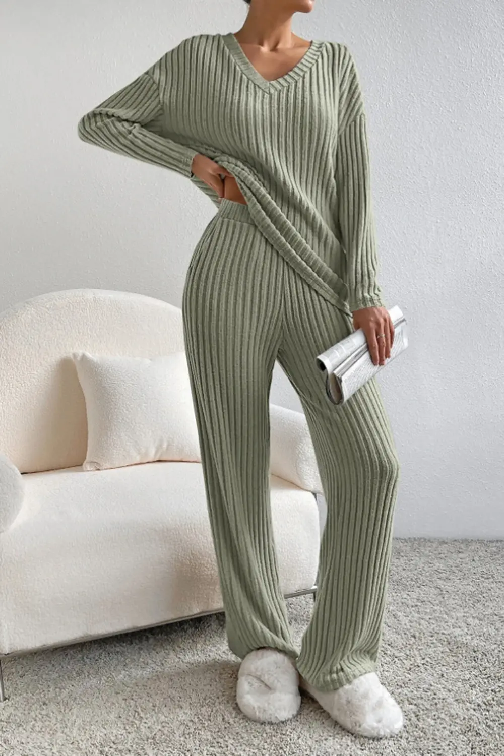 Ribbed V-Neck Top and Pants Set, image 10