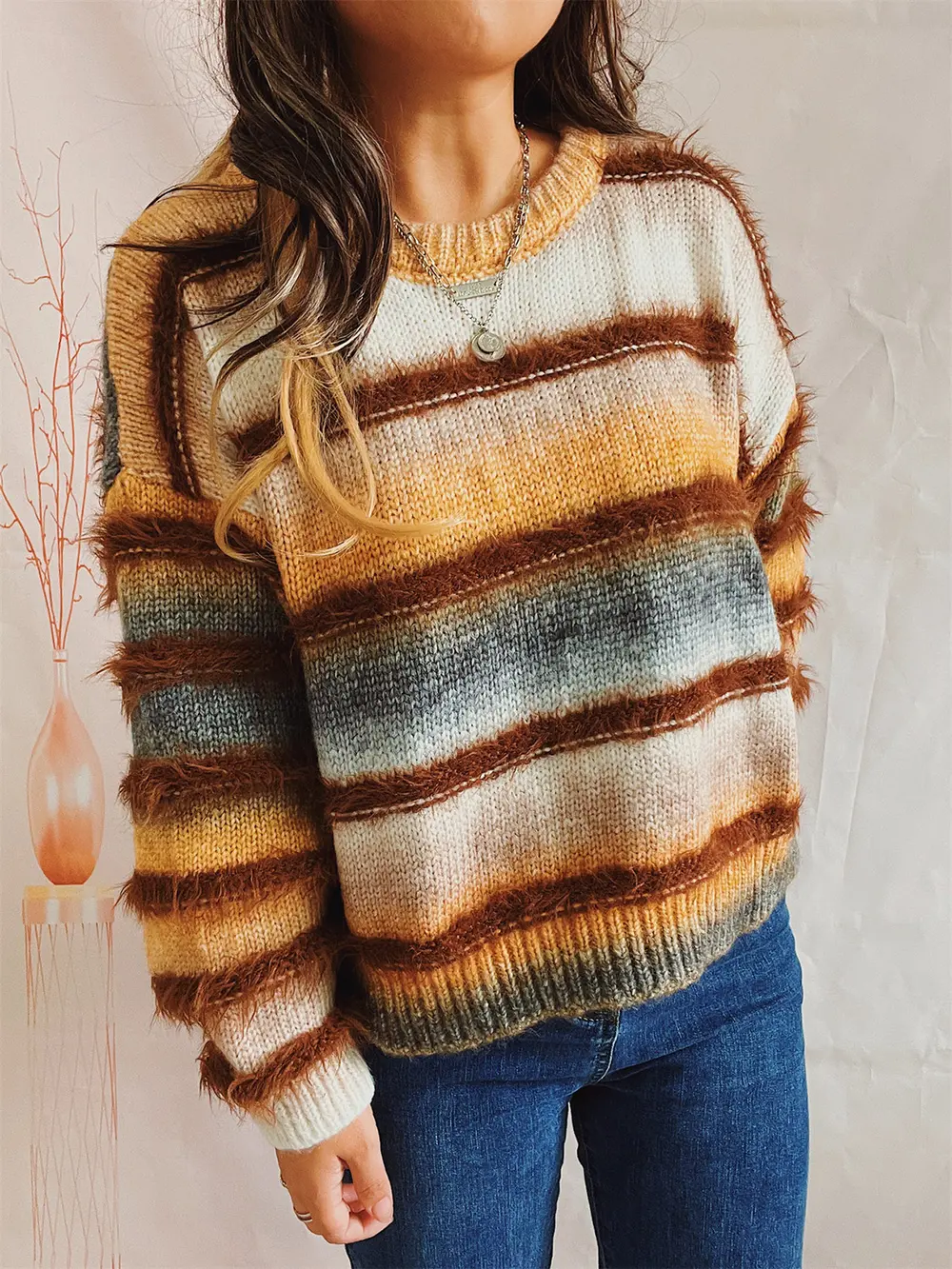Striped Round Neck Long Sleeve Sweater, image 7