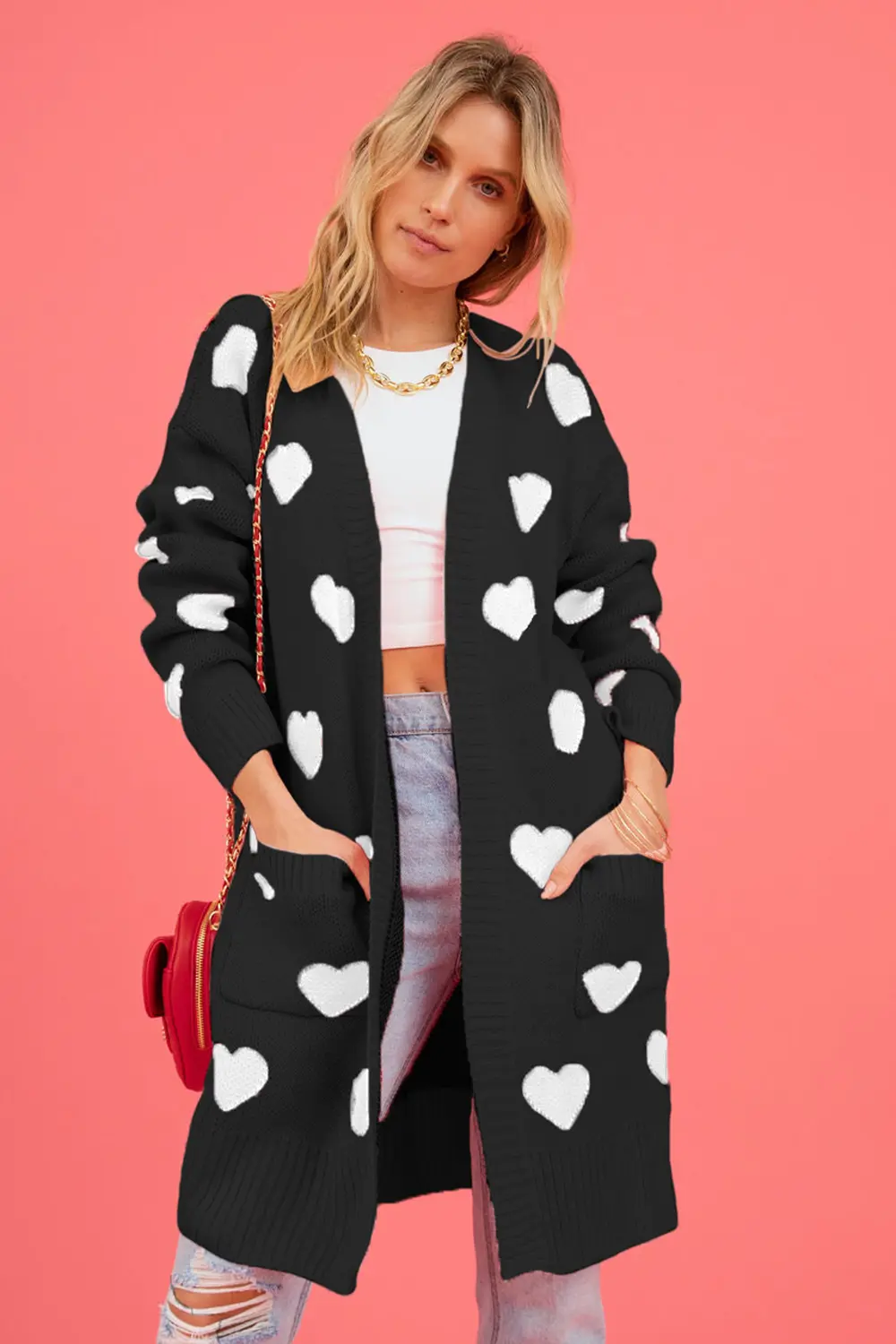 Heart Graphic Open Front Cardigan with Pockets, image 13