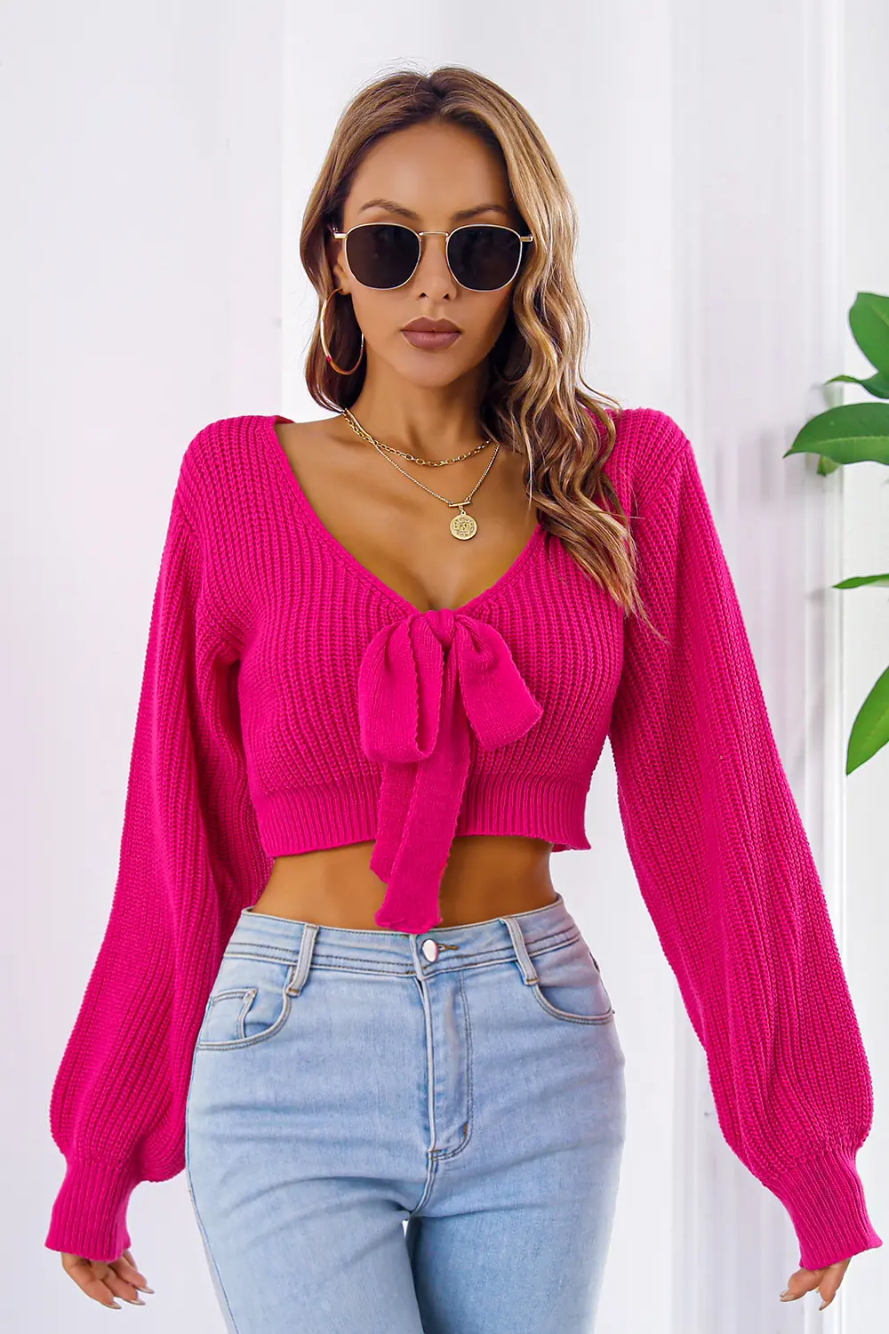 Bow V-Neck Long Sleeve Cropped Sweater, image 4