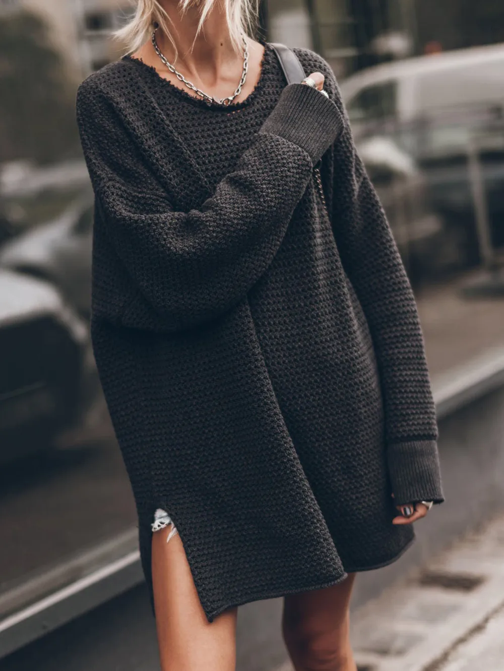 Openwork Round Neck Long Sleeve Slit Sweater, image 5