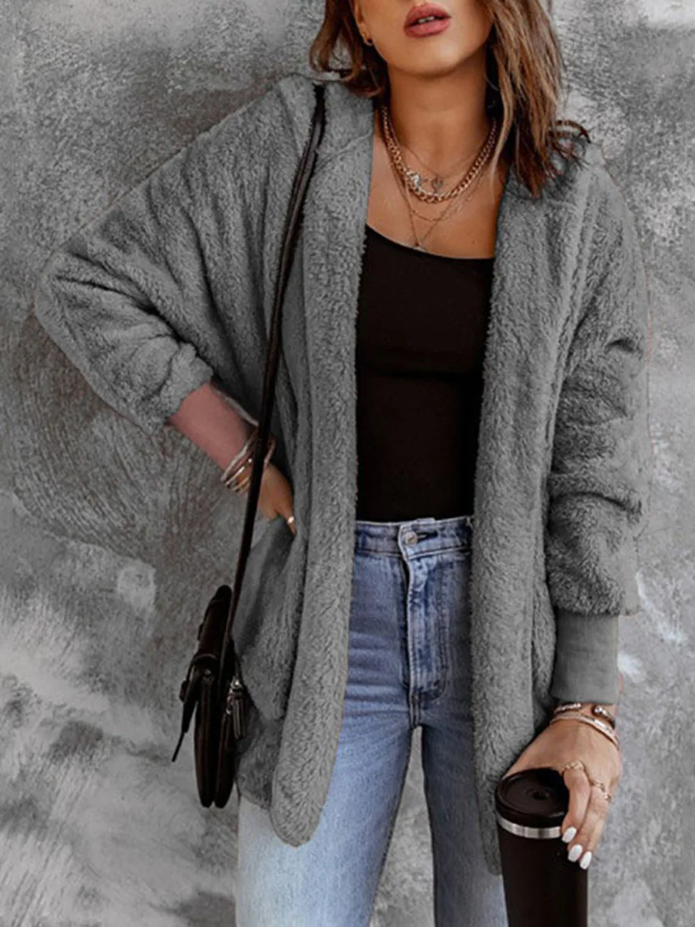 Open Front Hooded Faux Fur Outwear with Pockets, image 7