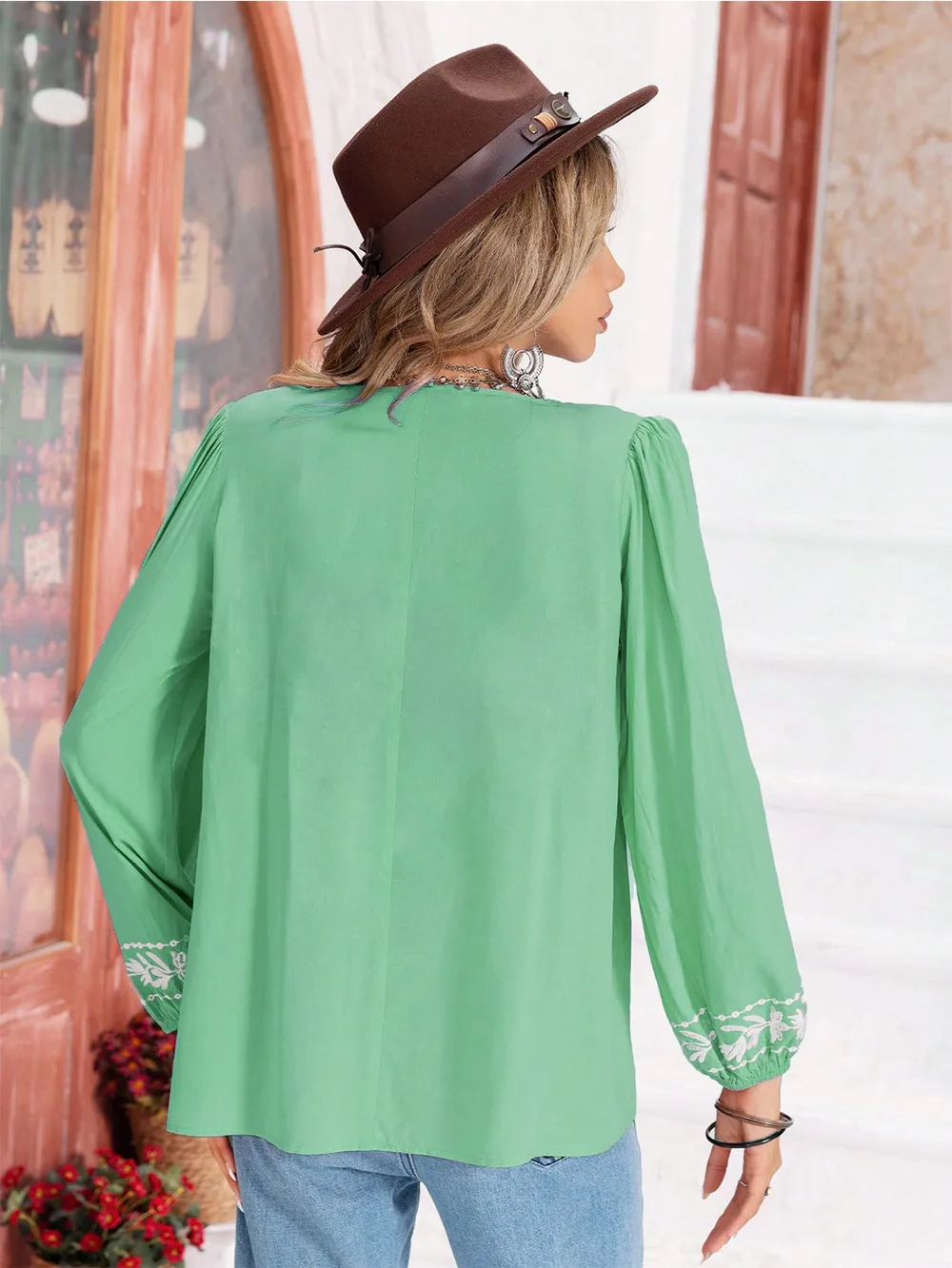 Floral Tie Neck Balloon Sleeve Blouse, image 2