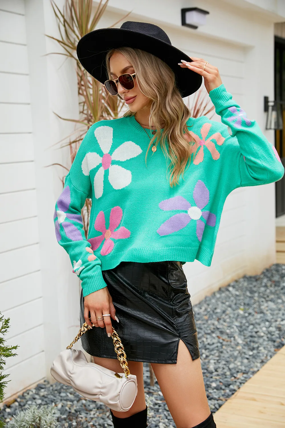 Flower Round Neck Drop Shoulder Sweater, image 4