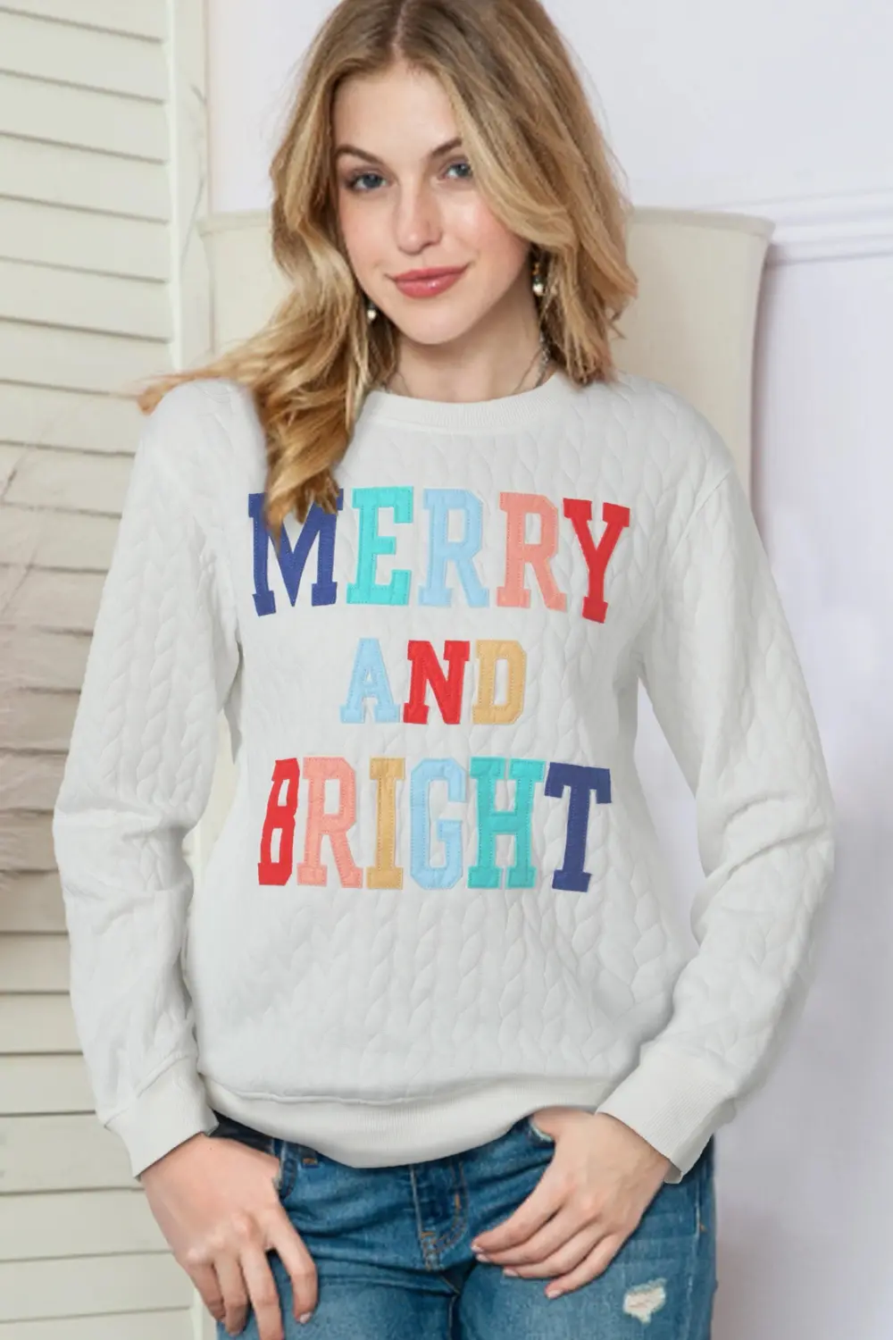 Full Size MERRY AND BRIGHT Cable Knit Pullover Sweatshirt, image 2