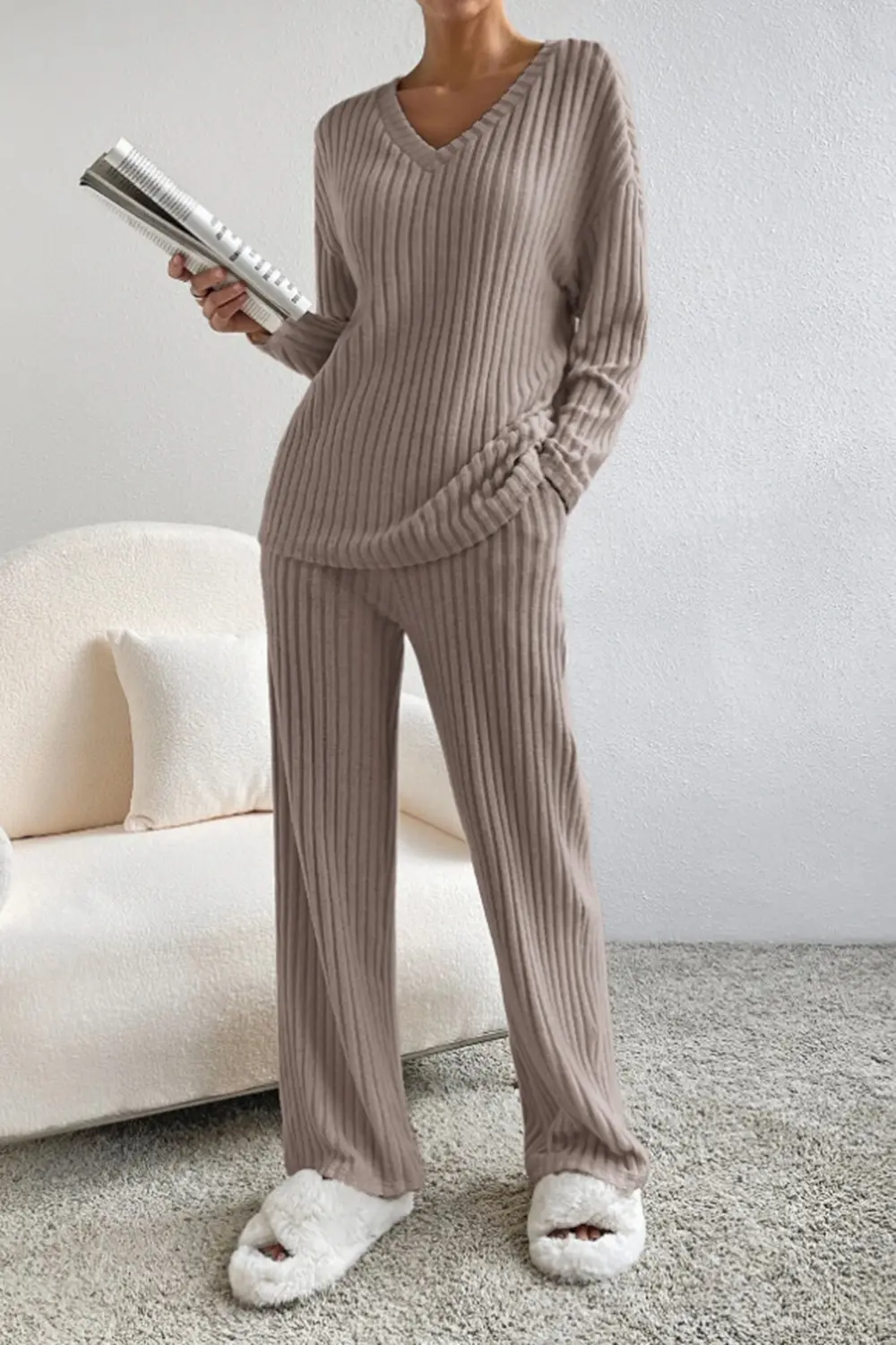 Ribbed V-Neck Top and Pants Set, image 4