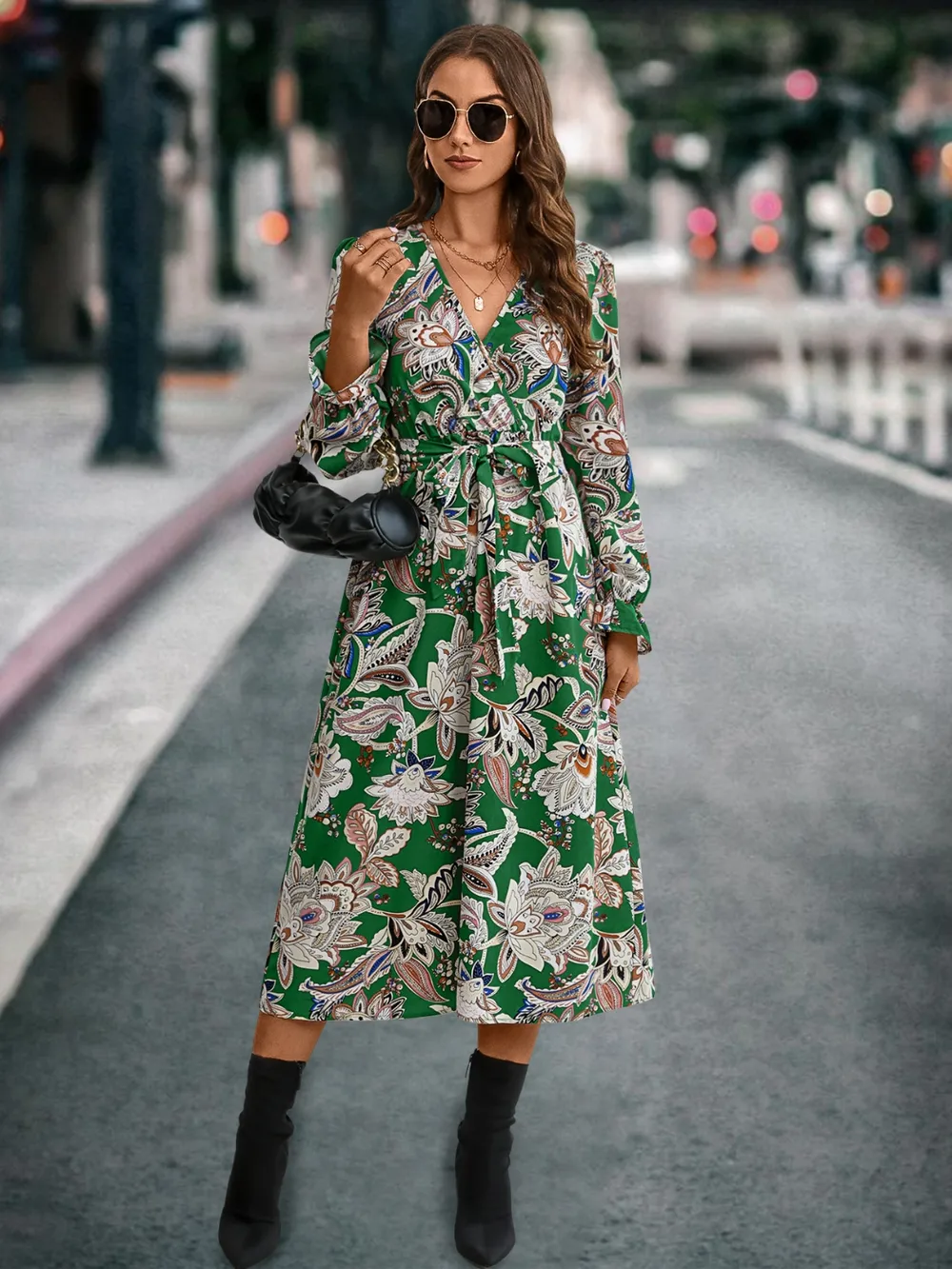 Printed Tie Front Surplice Flounce Sleeve Dress, image 3