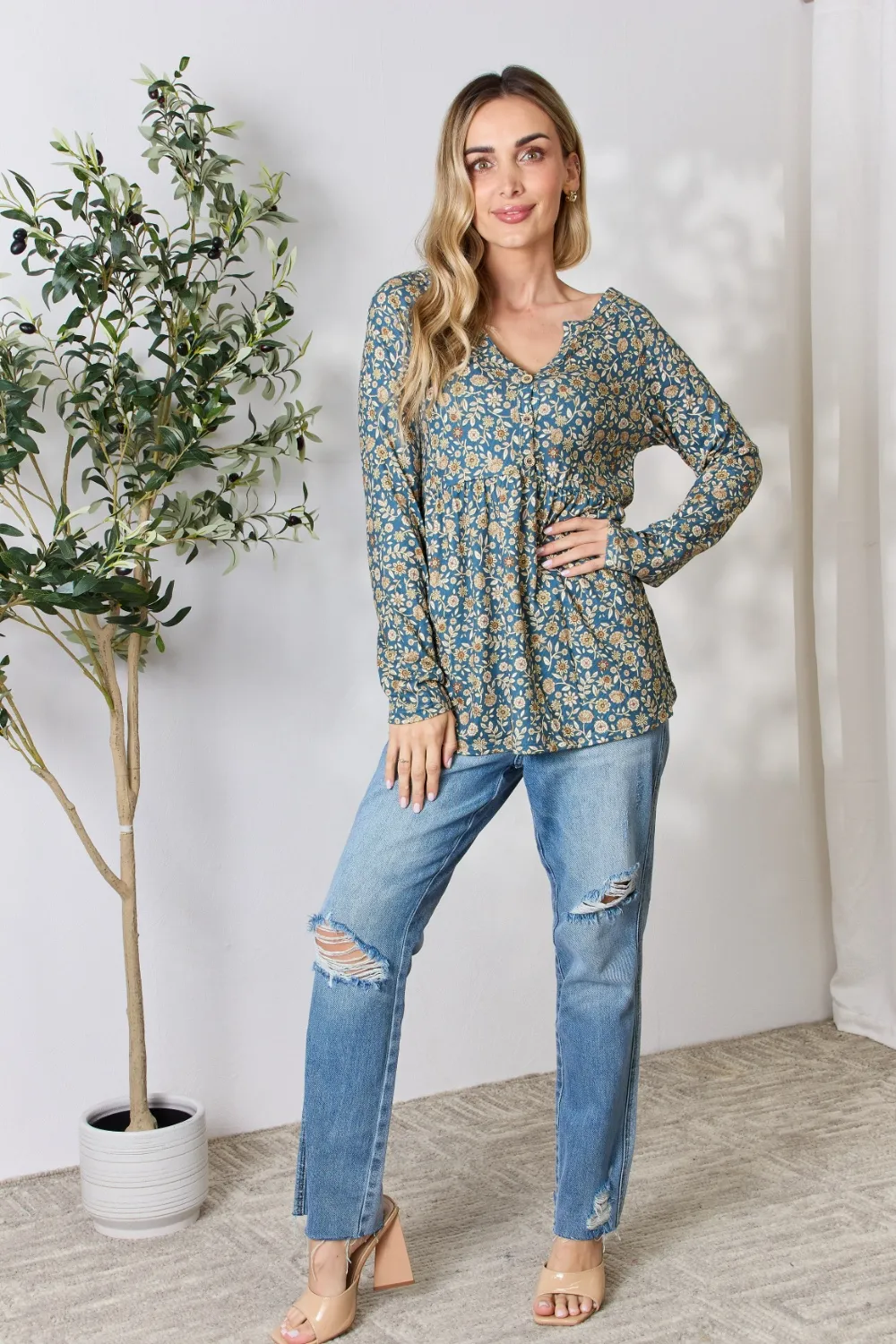 Full Size Floral Half Button Long Sleeve Blouse, image 4