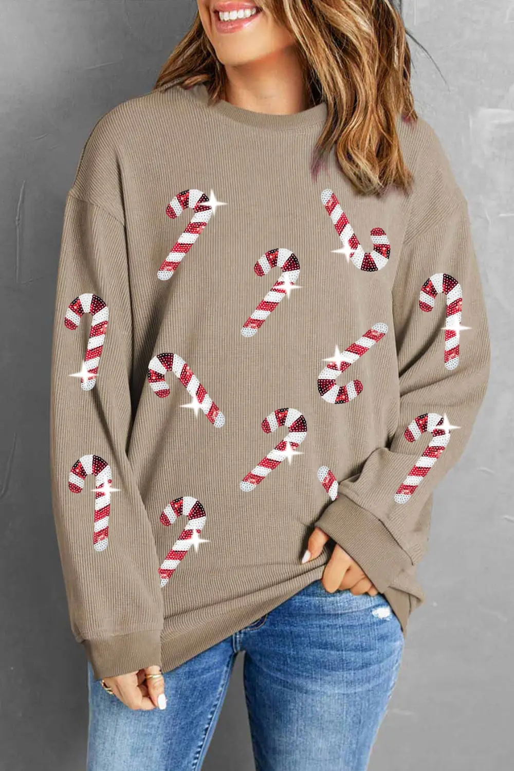 Sequin Candy Cane Round Neck Sweatshirt, image 2