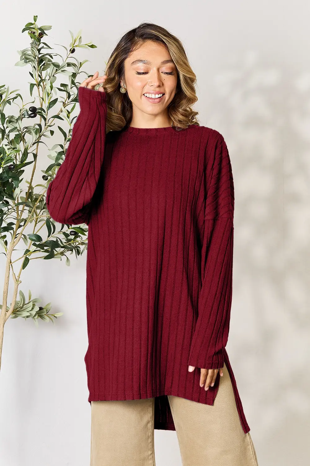 Full Size Ribbed Round Neck Long Sleeve Slit Top, image 10