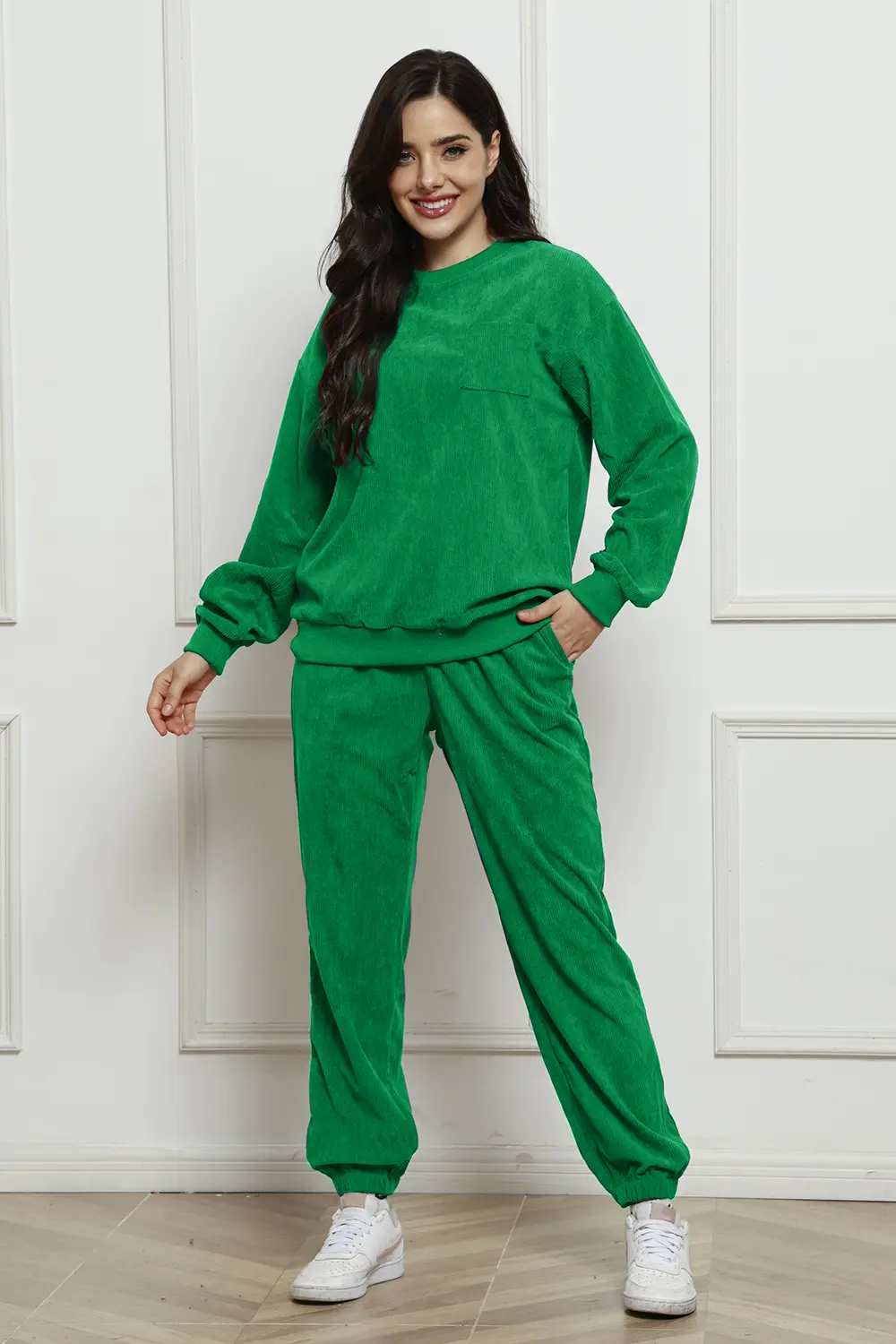 Corduroy Round Neck Sweatshirt and Sweatpants Set, image 11