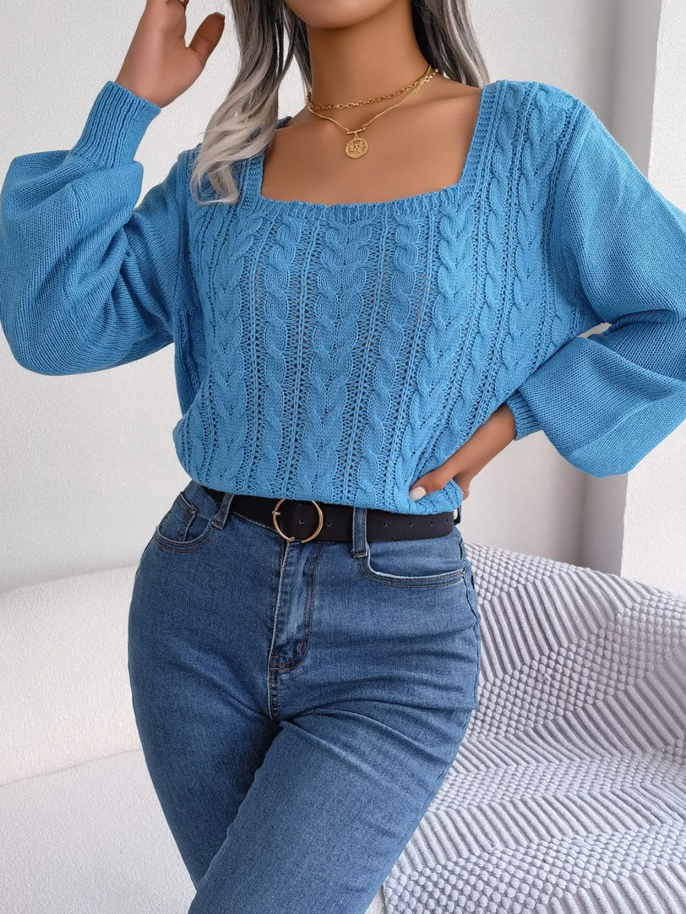 Cable-Knit Square Neck Long Sleeve Sweater, image 7