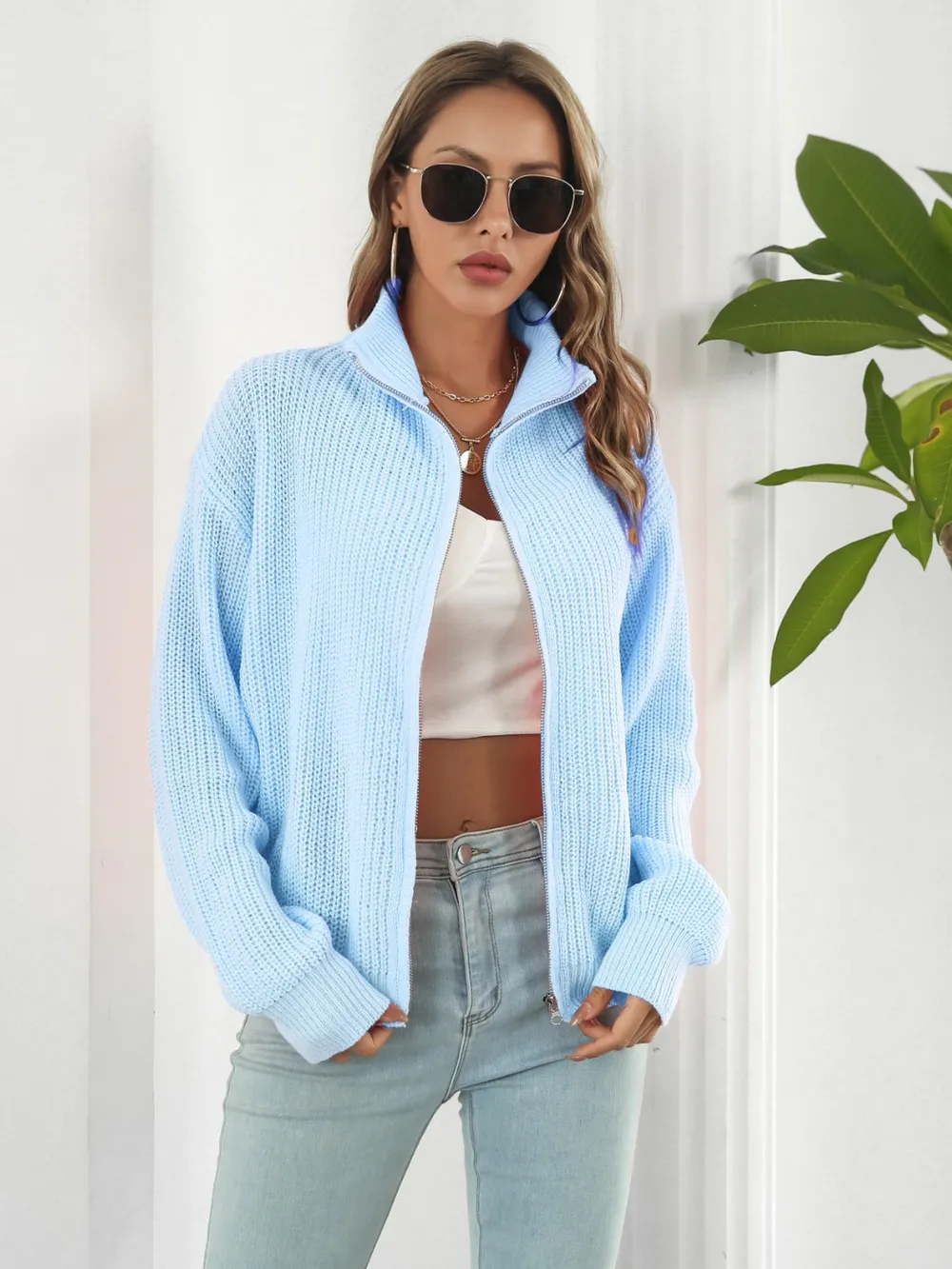 Turtleneck Zip Up Long Sleeve Knit Top, image 2