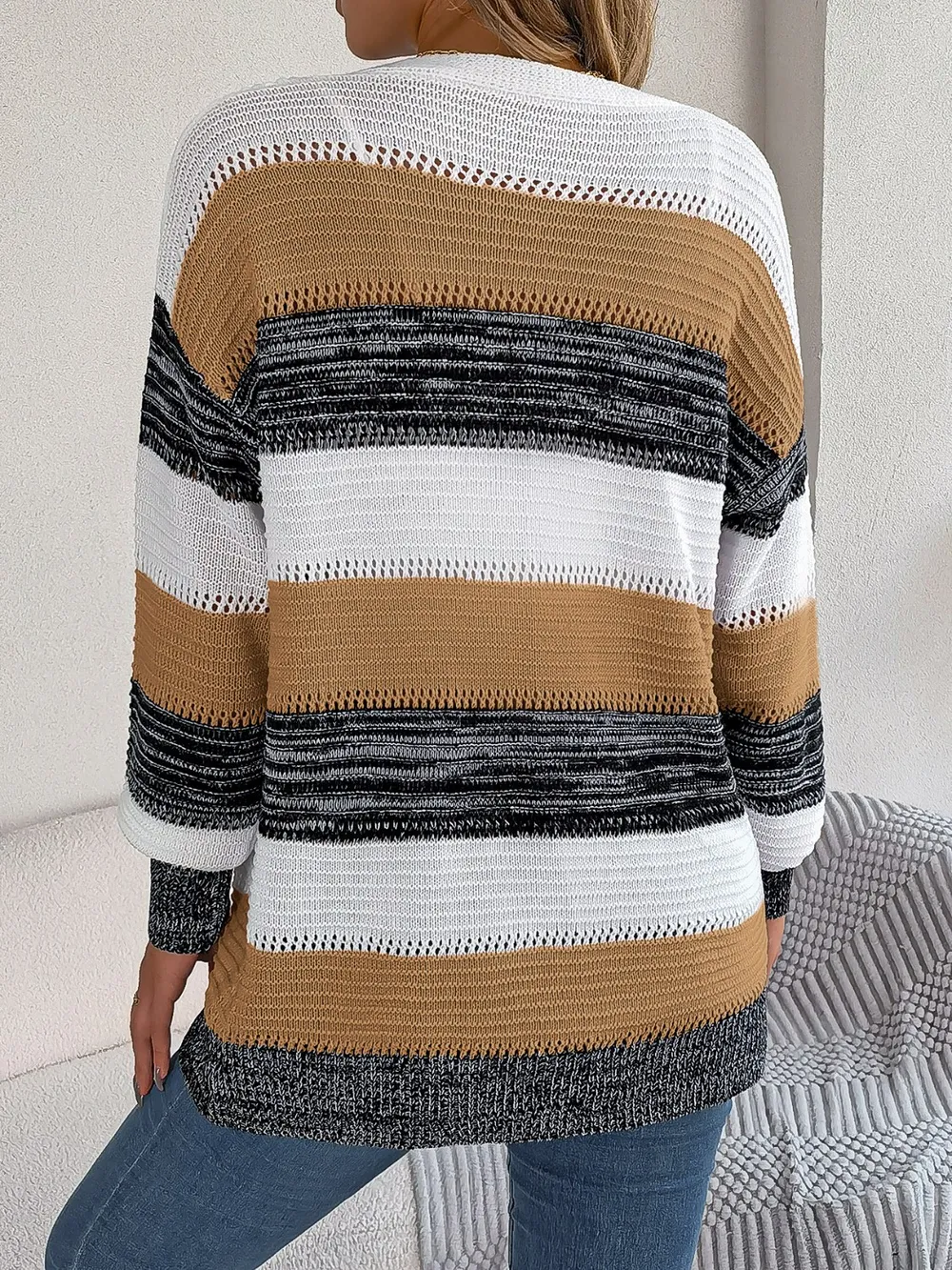 Openwork Striped Open Front Cardigan, image 3