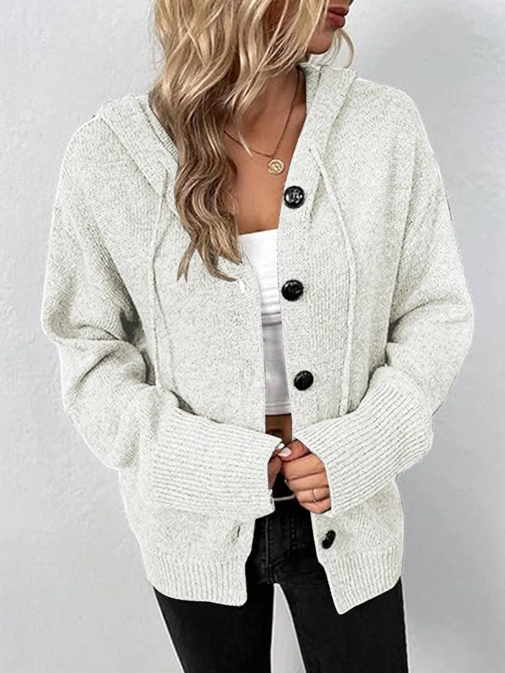 Button Up Drawstring Long Sleeve Hooded Cardigan, image 8